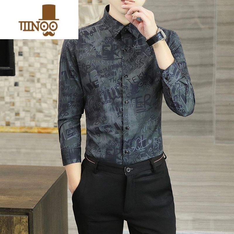 YANXU2023新款潮牌男装印花衬衫男士长袖潮流帅气休闲衬衣个性寸衫