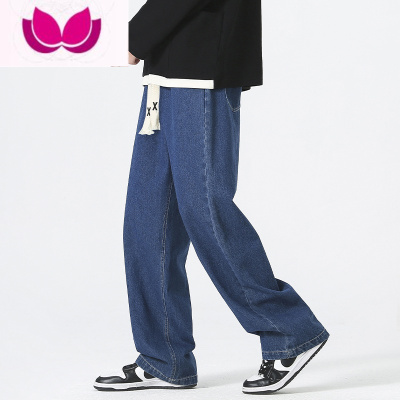 七斓深蓝色牛仔裤男士夏季薄款日系潮牌复古高街宽松直筒休闲长裤子男