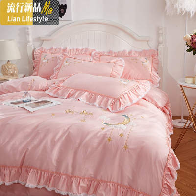 ins少女心公主风棉白色四件套棉荷叶边床单被套1.8m床上用品4 三维工匠