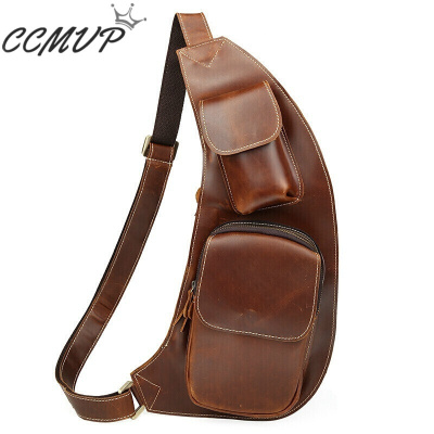 CCMVP品牌自营质量保证-CCMVP男士真皮复古牛油皮运动胸包骑行斜挎包牛皮男包油皮棕色默认颜色