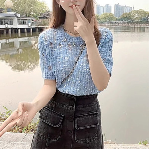 洋气亮片镂空短袖针织衫女夏新款设计感气质显瘦打底圆领上衣T恤