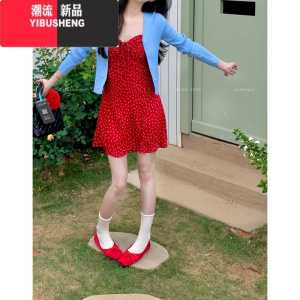 YIBUSHENG复古辣妹碎花褶皱吊带连衣裙女装季修身收腰A字裙短裙
