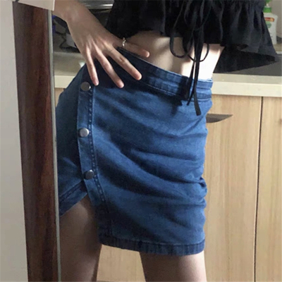 YIBUSHENG不规则短裙女夏季复古港味高腰百搭包臀a字牛仔设计感小众半身裙