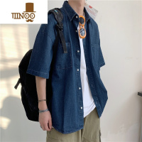 YANXU港风复古牛仔衬衫夏季男款潮牌短袖衬衣青少年宽松休闲工装薄外套