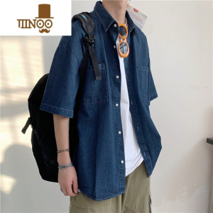 YANXU港风复古牛仔衬衫夏季男款潮牌短袖衬衣青少年宽松休闲工装薄外套