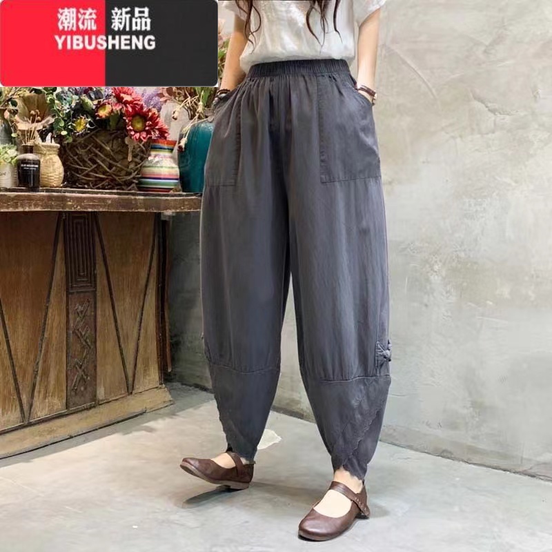 YIBUSHENG18407季薄款钩花刺绣休闲裤松紧腰显瘦百搭鱼嘴裤哈伦裤女