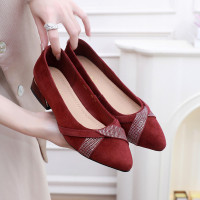 2026春水钻浅口单鞋真皮磨砂四季鞋粗跟一脚蹬百搭单鞋软底妈妈鞋