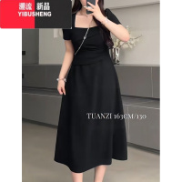 YIBUSHENG大码法式方领气质连衣裙季胖mm显瘦修身御姐温柔风收腰简约长裙