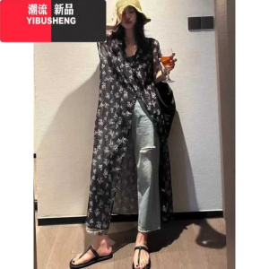 YIBUSHENG韩版复古中长款连衣裙女防晒宽松百搭开叉碎花裙季洋气别致上衣