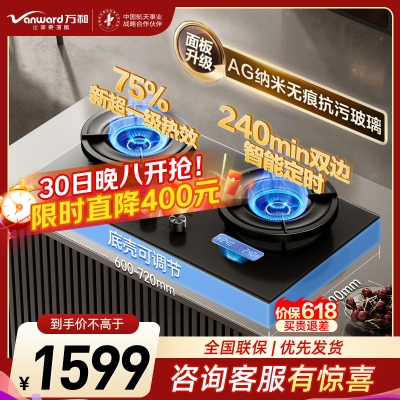 万和[超省星]5.2kW天然气75%超一级能效智能双边定时无痕面板家用煤气双炉燃气灶JZT-01-G95D