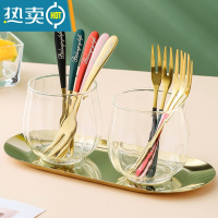 敬平轻奢水果叉子家用不锈钢儿童安全叉子高端餐具 条纹玻璃收纳罐2+混色英文果叉10(厚款)+托盘牙签
