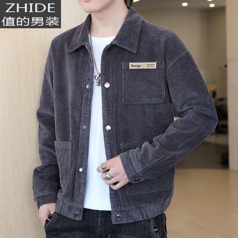 suntek灯芯绒外套男士春秋季韩版潮流帅气工装翻领短款宽松夹克男装