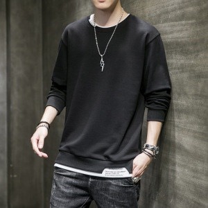 男士圆领卫衣秋冬新款韩版潮流假两件上衣破洞印花打底衫男装