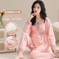 带胸垫睡衣女秋冬季仿棉绑带长袖月子服孕妇哺乳期休闲家居服套装