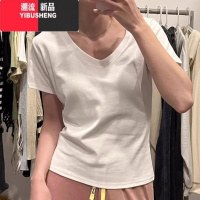 YIBUSHENG大码女装正肩短袖V领t恤女2024季新款胖mm显瘦遮肉灰色上衣
