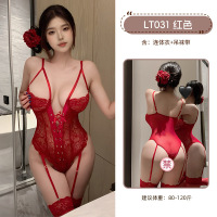 九里晴川ny大码性感紫色红色蕾丝连体衣制服纯欲绑带套装女睡衣