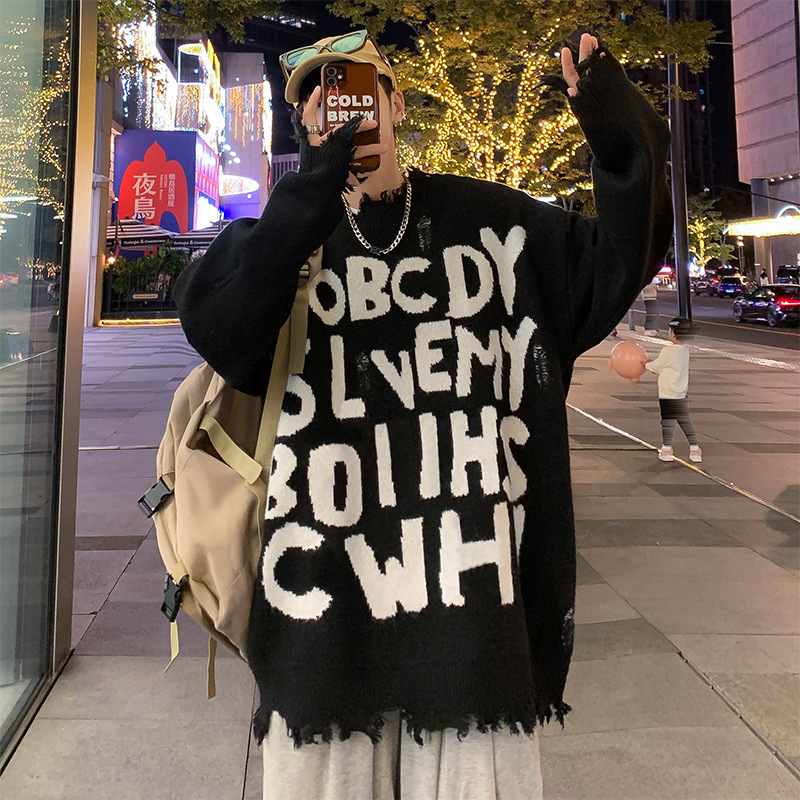 毛衣男春秋季美式高街圆领针织衫情侣上衣慵懒风宽松百搭潮牌毛衣