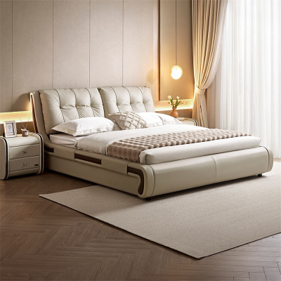 全友家居现代简约头层牛皮软包云朵床主卧室1.8x2米真皮落地床