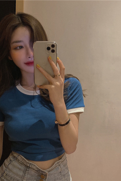 短款休闲打底衫上衣女修身短袖T恤女夏纯色圆领韩国女装