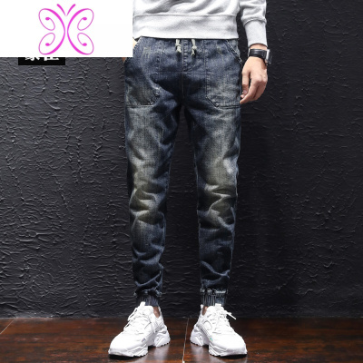 YUANSU秋冬款松紧腰牛仔裤男潮牌工装束脚裤系带收脚弹力修身小脚加绒裤牛仔裤男