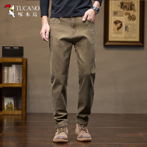 啄木鸟男士黄色牛仔裤春秋款直筒修身弹力宽松2025新款休闲裤子男