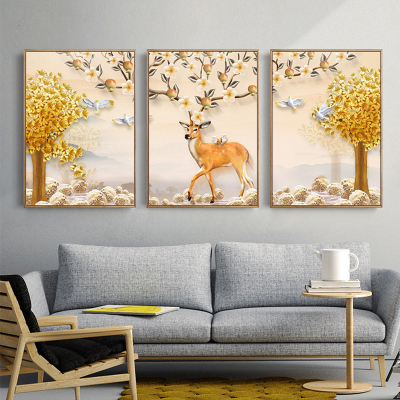 舒厅客厅装饰画北欧发财鹿三联画卧室玄关现代简约床头壁画沙发背景墙挂画酒店壁画发财鹿款I-原木框连框70*100cm