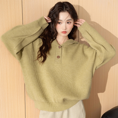 [3件8.5折135.9元,叠加优惠券]唐狮简约半开襟连帽套头毛衣女新款冬季复古慵懒风绿色上衣qd