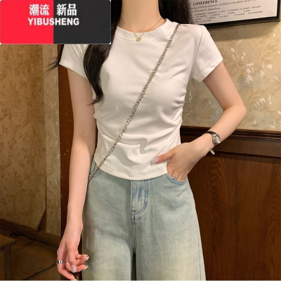 YIBUSHENG季2024正肩T恤女收腰抽褶短袖不规则甜辣显瘦小个子圆领短上衣