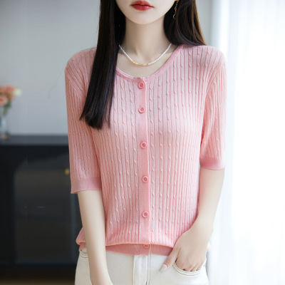 天丝针织短袖开衫2026夏季新款女士圆领薄款打底衫韩系风纯色T恤