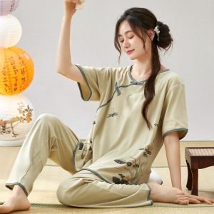 睡衣女士夏季棉质可爱卡通短袖长裤中式古风休闲可外穿家居服套装
