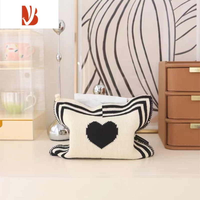 三维工匠心形针织纸巾袋布艺客厅餐桌装饰车载抽纸巾盒装饰印花收纳北欧风 黑白心形款 26*21cm