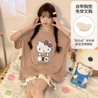睡衣女夏季莫代尔带胸垫短袖短裤韩版可爱卡通休闲外穿家居服套装_373