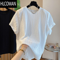 HLCOMAN轻奢小众设计感肌理感褶皱垫肩t恤男短袖宽松休闲洋气小衫上衣夏