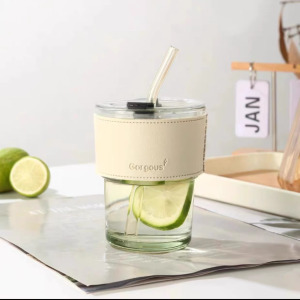 ins风玻璃杯带吸管带盖水杯女生高颜值咖啡杯冰美式竹节杯子