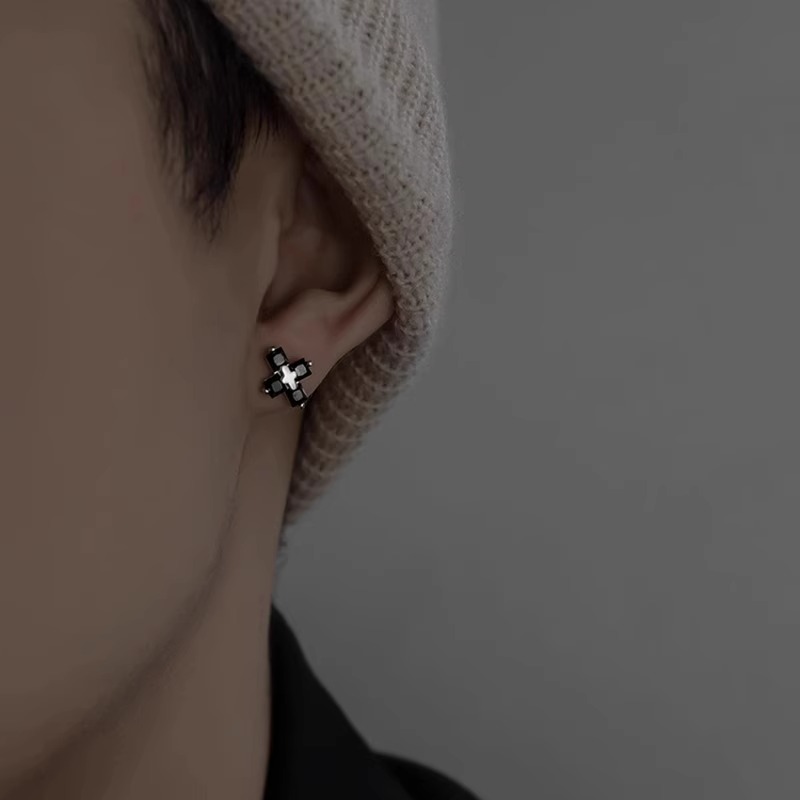纯银耳钉十字架皓石男女ins嘻哈简约冷淡风甜酷潮百搭高级感耳饰送女朋友老婆情人节七夕生日礼物