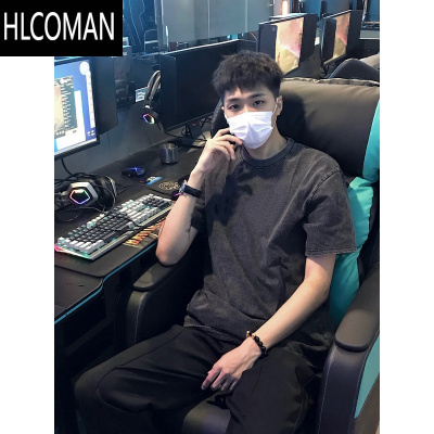 HLCOMAN网红水洗做旧短袖t恤男2025夏季美式复古休闲百搭半袖圆领上衣潮