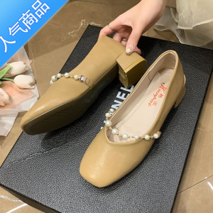 SUNTEK玛丽珍女鞋粗跟单鞋2023新款法式气质高跟小皮鞋复古浅口豆豆鞋女