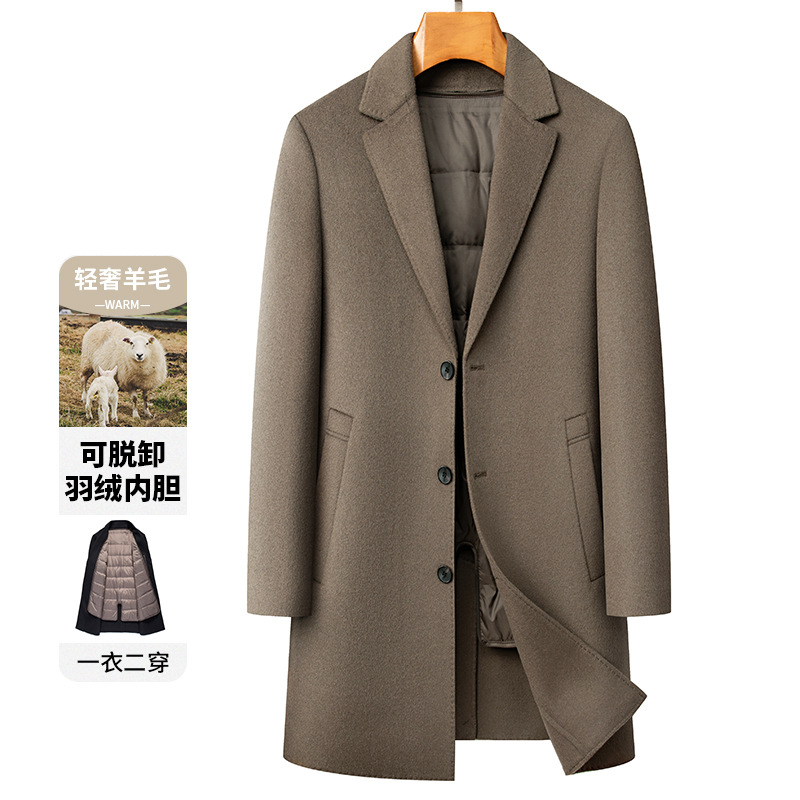 羊毛妮子大衣男拆卸羽绒内胆冬季中年爸爸装男士外套中长款两件套