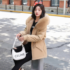 2024年冬装新款可拆卸毛领宽松连帽抽绳加绒加厚派克服显瘦外套女