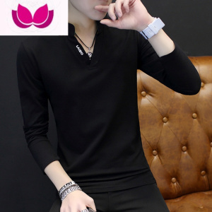 七斓短袖t恤V领男士t恤长袖上衣服秋季小衫 2023秋装体恤潮流卫衣