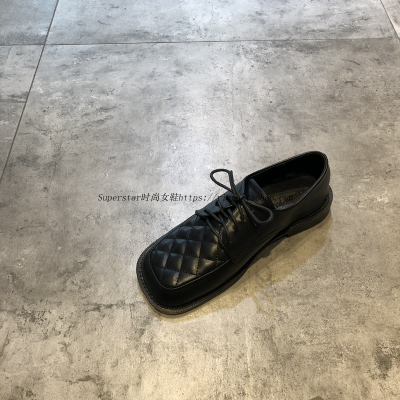 SUNTEK英伦风复古小皮鞋2020新款欧美时尚压线格纹方头系带低跟女鞋单鞋休闲鞋