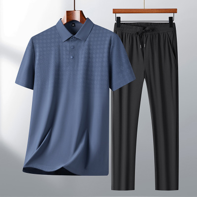 春夏新款男士清凉运动长裤薄款休闲透气速干冰丝套装短袖T恤