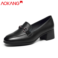 奥康女鞋中跟方头乐福鞋女士小皮鞋英伦复古粗跟牛皮女单鞋