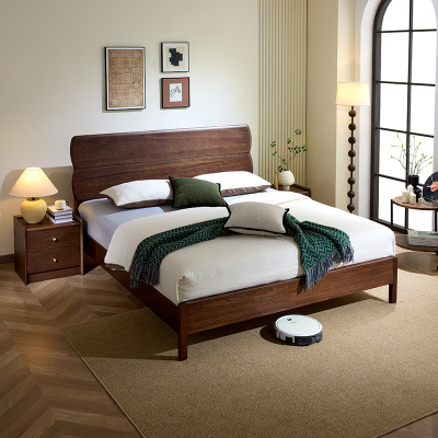 青木川 简约现代南美黑胡桃木全实木床1.8米双人床1.5米两米单人床大板直拼主卧室小户型家用休闲成人结婚榫卯床架子