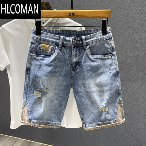 HLCOMAN夏季薄款轻奢潮牌高端复古乞丐破洞牛仔短裤男拼接中裤弹力五分裤