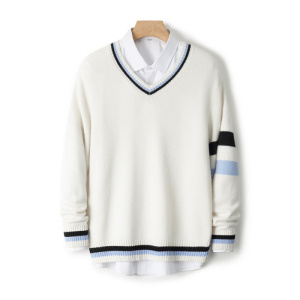 100全羊毛衫男V领套头毛衣男宽松加厚针织毛衣休闲冬保暖打底衫