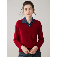 工厂秋冬V领双股厚款马鞍肩纯色山羊绒针织打底衫宽松毛衣女