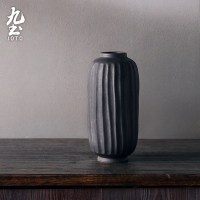 手工粗陶花瓶日式花器小原流陶瓷禅意花器落地摆件家居复古干花插 三维工匠 铁黑色大号