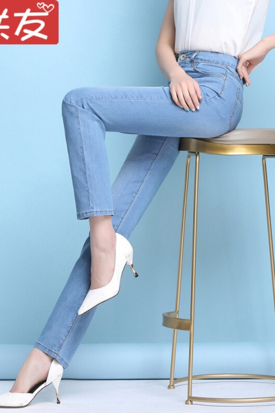 迪鲁奥(DILUAO)新款女装2019年秋季高腰涂层牛仔布裤女直筒裤弹力显瘦加长小直筒裤大码女裤子