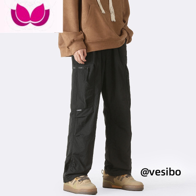 七斓美式高街工装裤男春季潮流机能冲锋裤宽松直筒黑色休闲运动长裤子